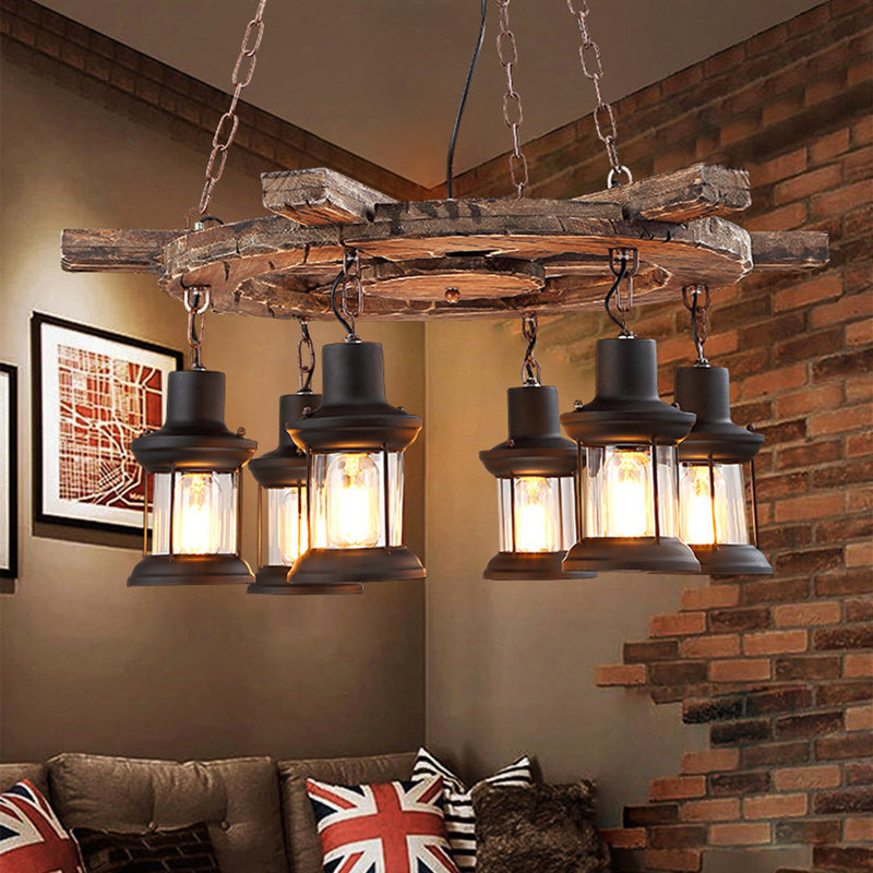 Retro Wooden 6-Light Ship's Wheel Pendant Light