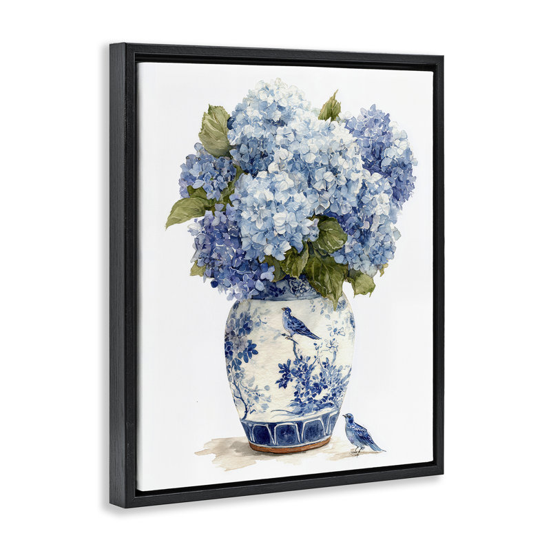 Cadre flottant Blue Bird & Hydrangea Vase, design par Imagine It Images, H 31 po x l 25 po, Cadre flottant noir de jais
