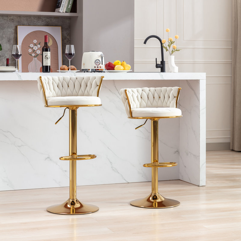 Aryelle Velvet Upholstered Bar Stools with Woven Backrest, Height Adjustable Counter Stools with Low Back, Swivel Kitchen Stools for Kitchen Island, Bar, Pub