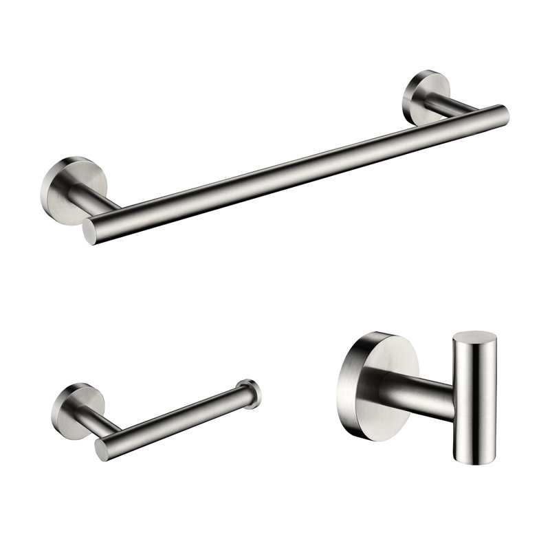3 Bathroom Hardware. Rustproof Bath Accessories . Includes 12-inch Towel Bar, Toilet Paper Holder & Robe Hook. Modern Design With Smooth Finish. Easy To Install