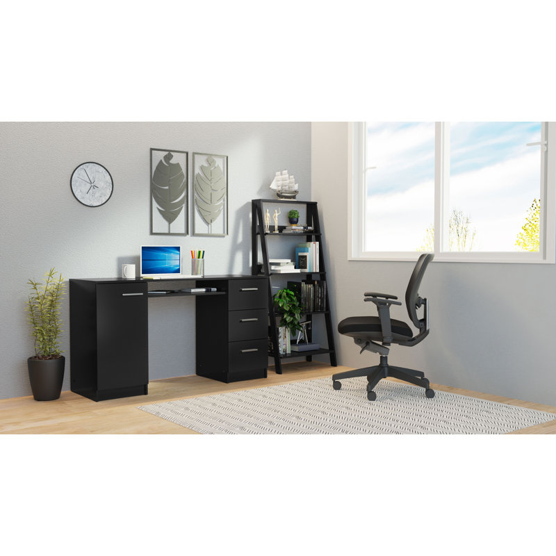 Latitude Run Compact Desk 43" + Ladder Shelf Standing Bookcase, Black