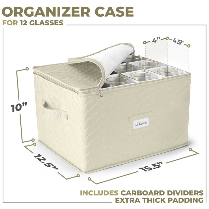 Sorbus 12-Glass Storage Chest Deluxe Quilted Microfiber Stemware with Dividers, Beige