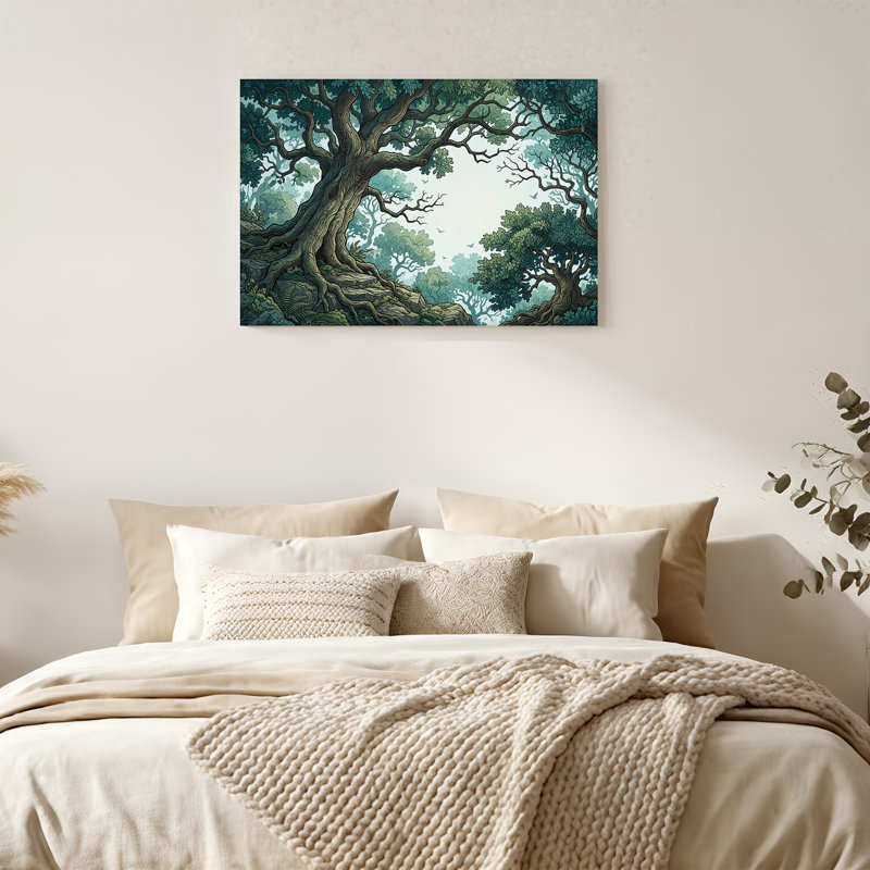 «Gnarled Tree On Rocky Outcrop In Teal Green Forest», art mural, H 24 po x l 36 po