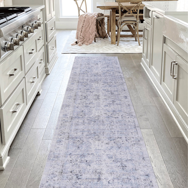 Tapis lavable - antidérapant, antidérapant, pliable, doux, teint, sans danger pour les animaux de compagnie - bleu et crème, 2 pi 6 po x 10 pi, lavable à la machine