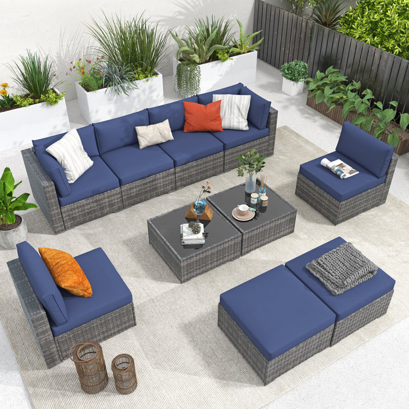 Ensemble de conversation modulaire en rotin 10 pièces avec coussins, Structure grise / coussin bleu marine
