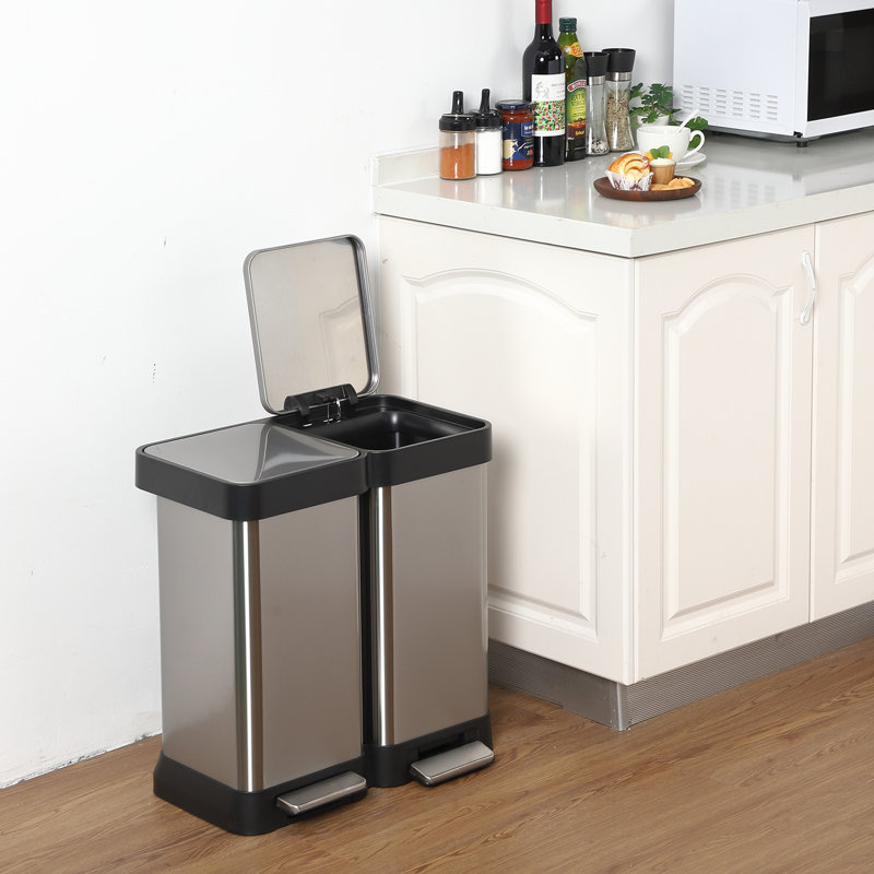 Poubelle de recyclage argentée double en acier inoxydable de 6,6 gallons avec bac de recyclage 25l + 25l avec 2 pédales en acier et couvercle à fermeture en douceur résistant aux empreintes digitales