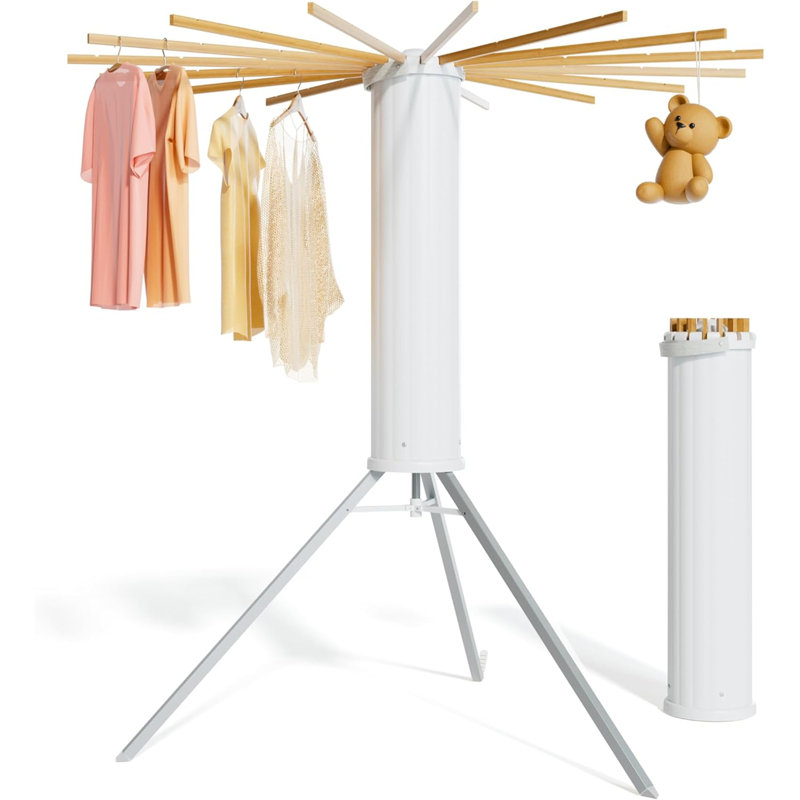 Tripod Clothes Drying Rack - Foldable, Space-Saving With 16 Rods, White/Brown, 3.54" H x 3.54" W x 18" D