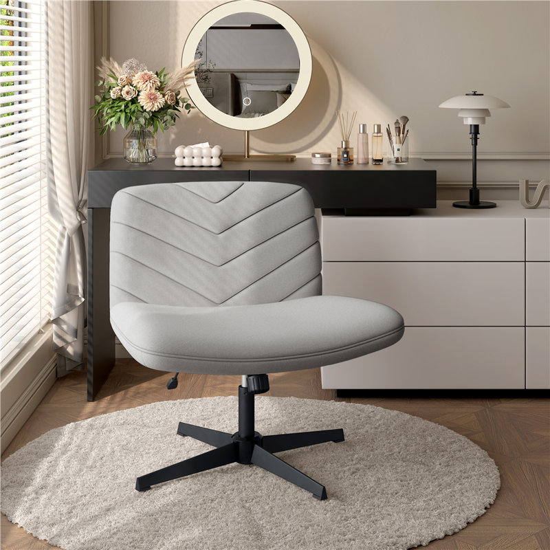 Armless Wide Desk Chair with Cross-shaped Base, Light Grey Linen