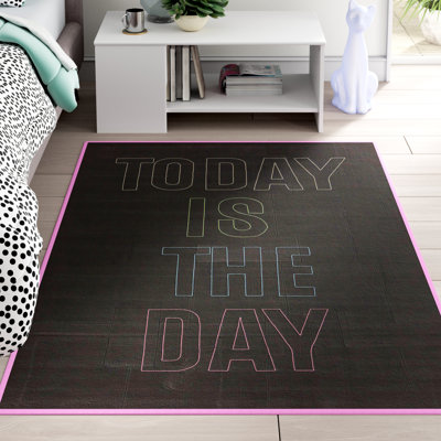 Tapis noir/à tissage plat de zone rose vif fait main Bruce