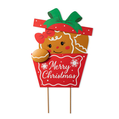 24"H Christmas Metal Gingerbread Giftbox Yard Stake Or Standing Decor Or Wall Decor (KD, Three Function)