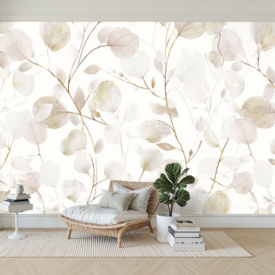 Peel and Stick Wallpaper 96" W x 69" H Modern Self Adhesive Wall Mural for Bedroom Dry Lunaria Floral Watercolor Winter Flowers Boho Vintage
