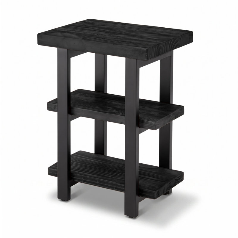 Pomona Rundell 20" W Solid Pine Wood End Table with 2 Shelves, Black, Black
