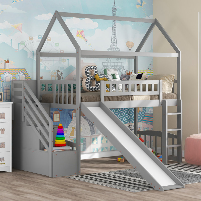 Lit mezzanine avec escalier de rangement et glissade, gris