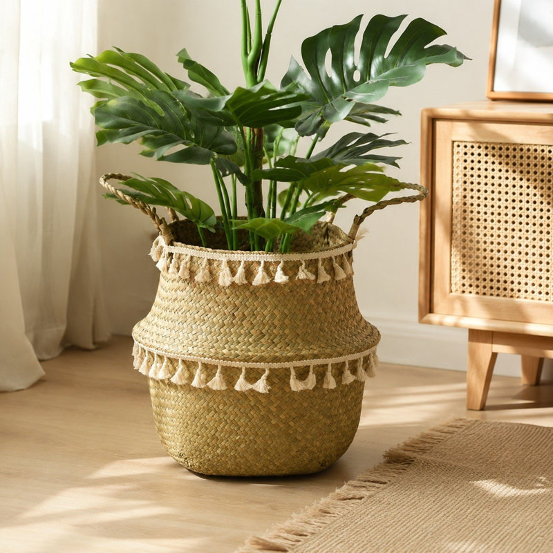 Étagère à papier en bois, panier tressé en jonc de mer avec pompon, cache-pot avec poignées, style bohème, panier décoratif en osier pour plantes d'intérieur, décoration intérieure, 5 tailles