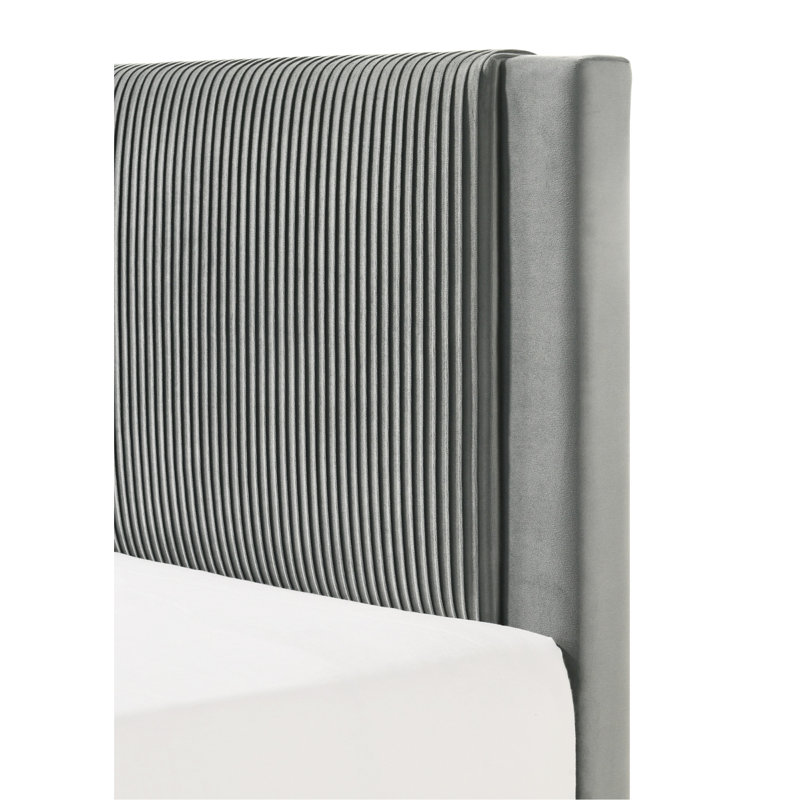 Lit simple gris contemporain avec tête de lit tapissier et structure nervurée sur une structure à profil bas pour lit simple, mobilier, lit, tête de lit, texture, structure, look