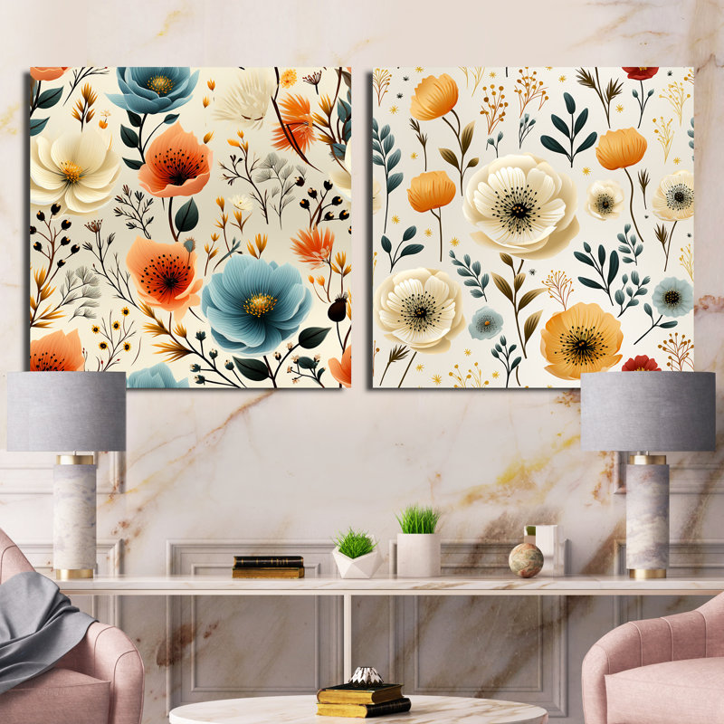 Ludivine - Ensemble de 2 collages carrés floraux, Toile tendue, H 36 po x l 73 po