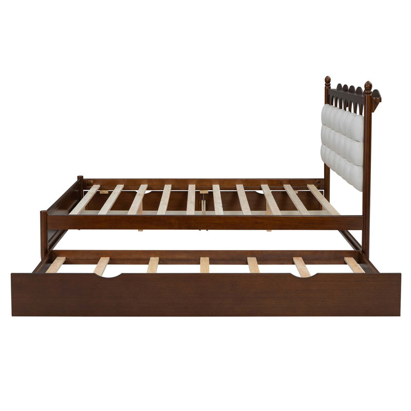 Lit plateforme avec rangement en bois, avec 2 grands tiroirs, lit gigogne simple, un ensemble de prises et ports USB, Noyer