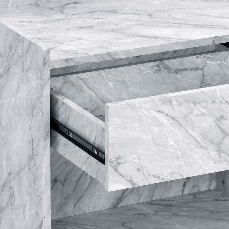 Table d'appoint moderne avec surface en faux marbre blanc et tablette imprimée - Fond de tiroir pour le salon
