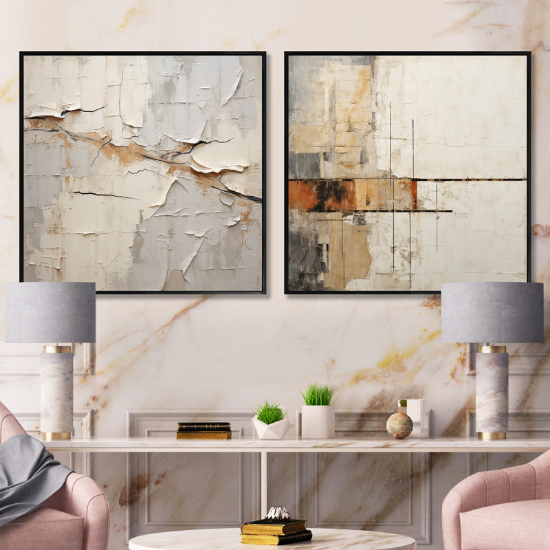 Collage abstrait beige et brun - Ensemble de 2 collages abstraits carrés, H 16 po x l 33 po, Cadre flottant noir