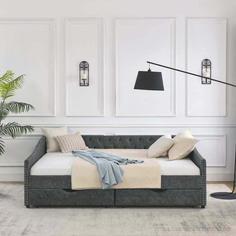  Daybed With Drawers Upholstered Tufted Sofa Bed, With Button On Back And Copper Nail On Waved Shape Arms, Queen, Grey