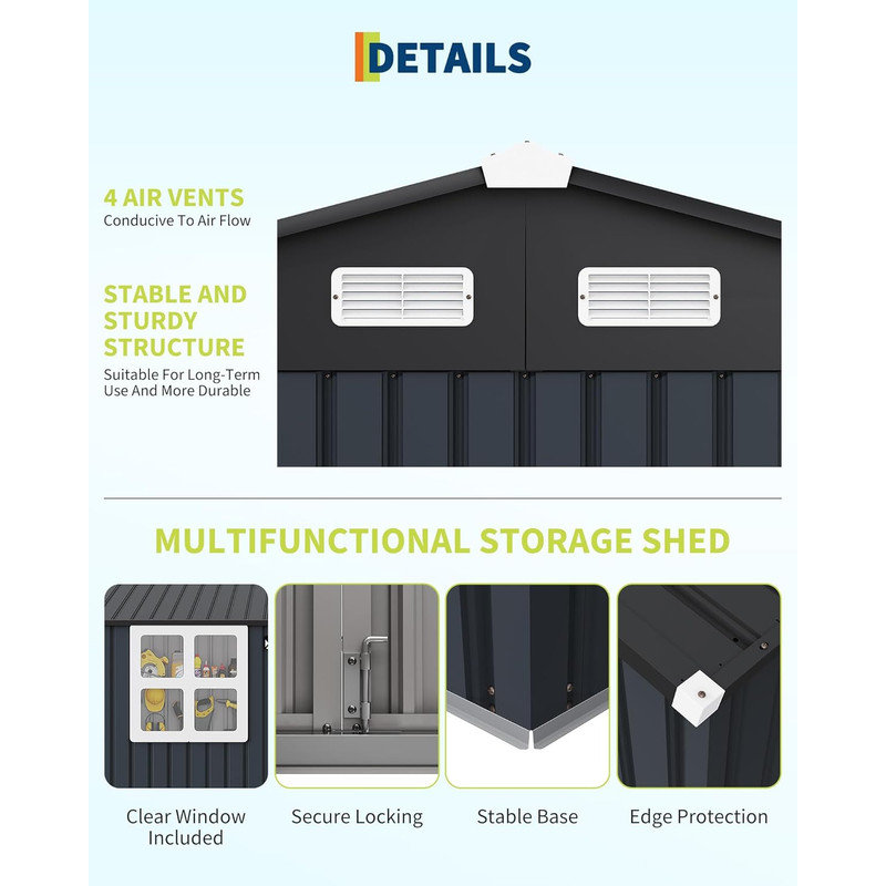 10x12 Ft Heavy-Duty Metal Storage Shed, Galvanized Steel Outdoor Utility Shed with Lockable Door & Windows, Gray