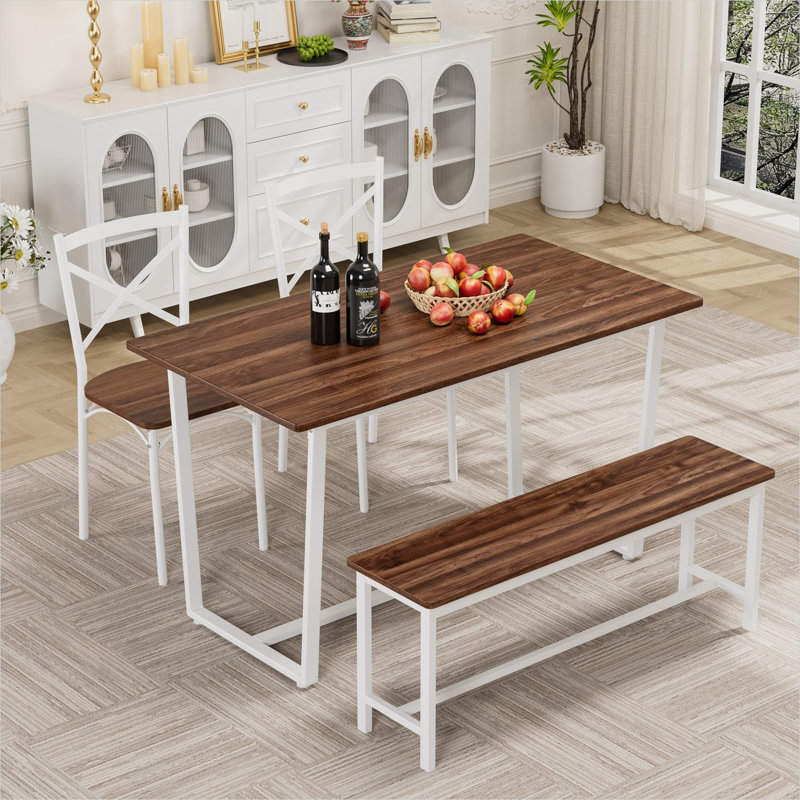 Ensemble de salle à manger 5 pièces en MDF et en acier de couleur brune avec banc, style industriel, 4 places, table rectangulaire