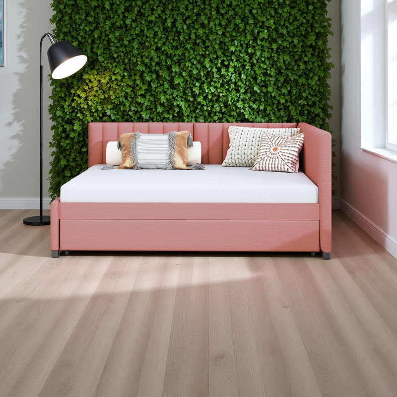 Upholstered Daybed Sofa Bed Frame No Box Spring Needed, Linen Fabric, Pink