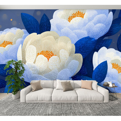 Papier peint floral à peler et coller élégant avec motif de pivoines or blanc et feuilles bleues métalliques scintillantes murales H 100 po x l 144 po, papier peint amovible en PVC, peintures murales auto-adhésives, décoration pour chambre de garçon, salle de jeux Men Cave