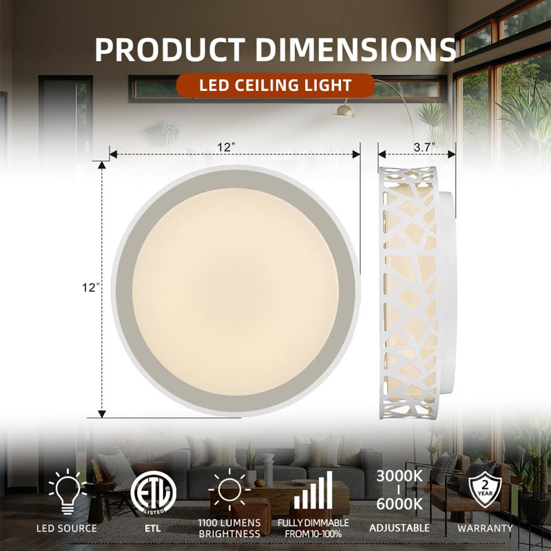 24W Dimmable LED Ceiling Light, 1600 Lumens, Warm White