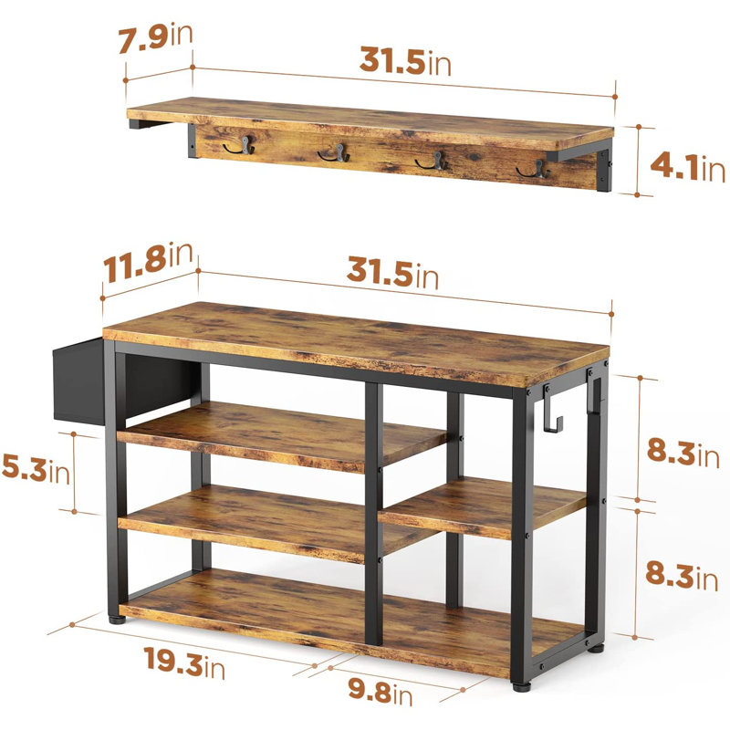 Moumen 19.7'' H×35.1'' W Entryway Organizer - Modern Wood & Iron Storage with Bench, Hooks & Shoe Cubbies, Brown