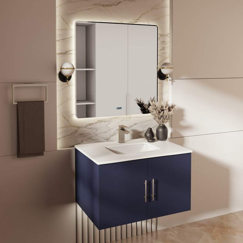 Ensemble de meuble-lavabo mural simple 30 "avec miroir Geneva, Marine, Marbre de culture blanc