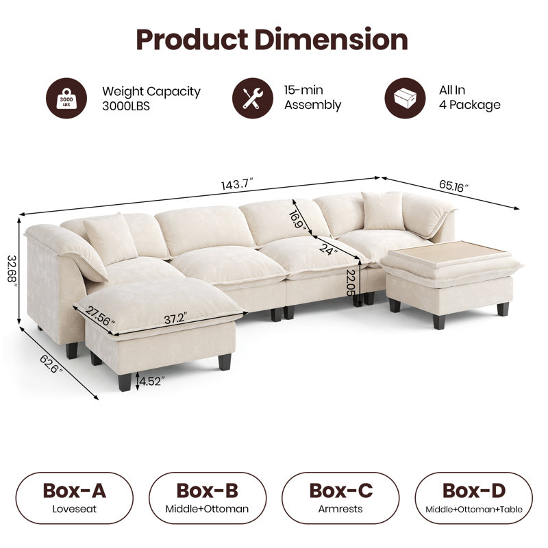  143.7" Chenille Modular Sectional Sofa With Storage Ottoman, Washable Cushion Covers, Padded Armrests, Extra-Thick Deep Cushions, Tool-Free Assembly, Beige