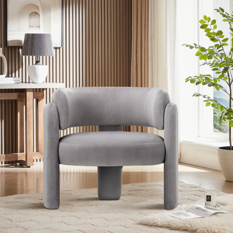 33" Wide Upholstered Modern 3-Legs Barrel Accent Chair, Light Gray Fabric