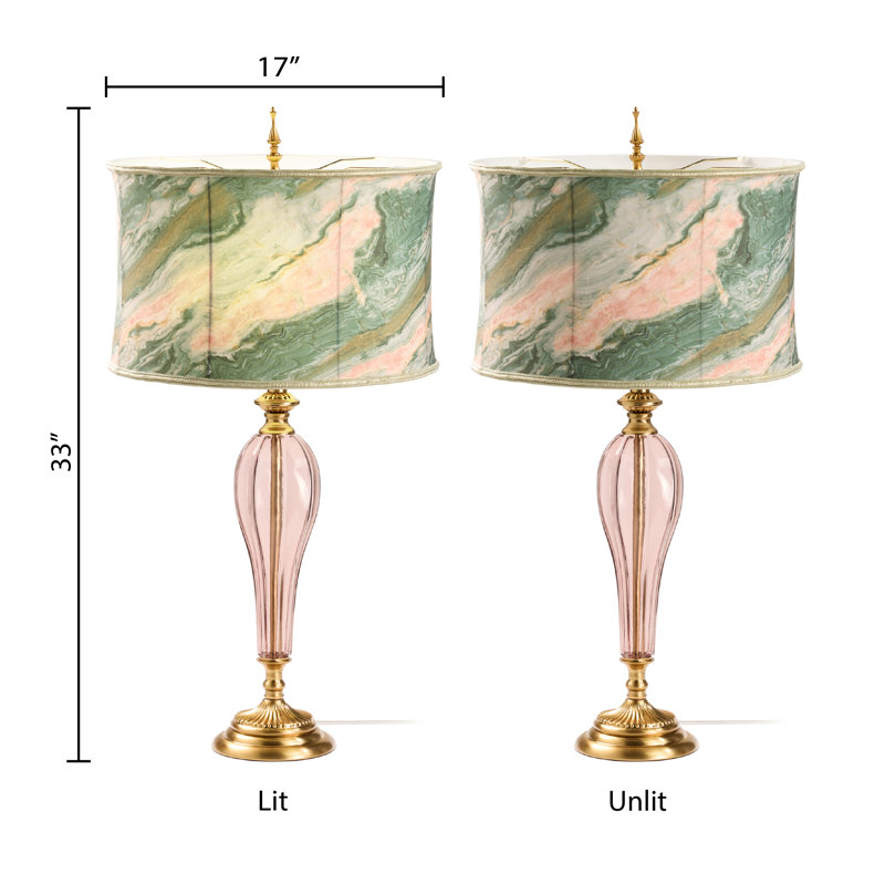 33"H Romance Pink/Green Drum Shade Geometric Glass Table Lamp