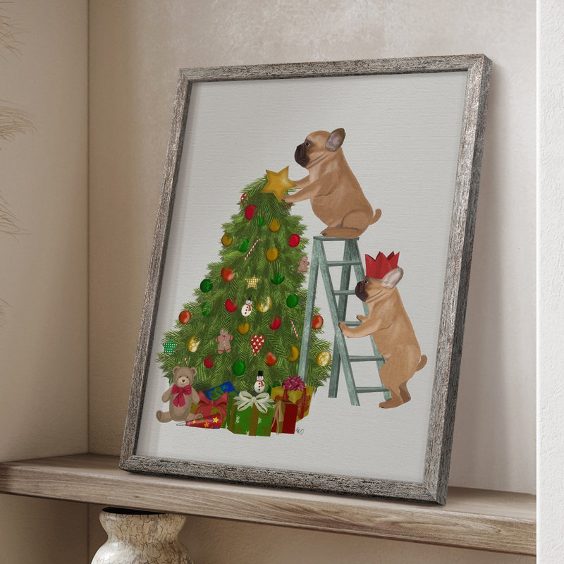 Échelle de bouledogue français de Noël, reproduction encadrée en bois massif, H 30 po x l 24 po