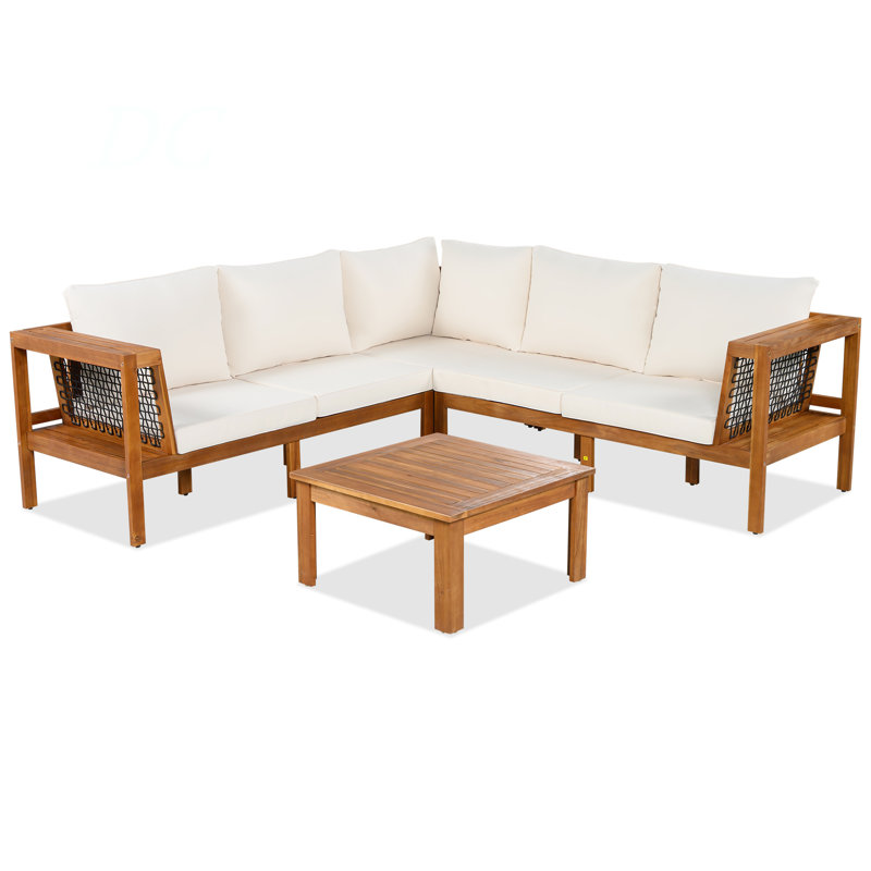 Ensemble de 4 canapés d'extérieur en bois d'acacia, accoudoirs en maille tissée, ensemble de meubles de patio en L avec table basse, ensemble de conversation extérieur avec coussins gris et table d'appoint, aspect couleur teck