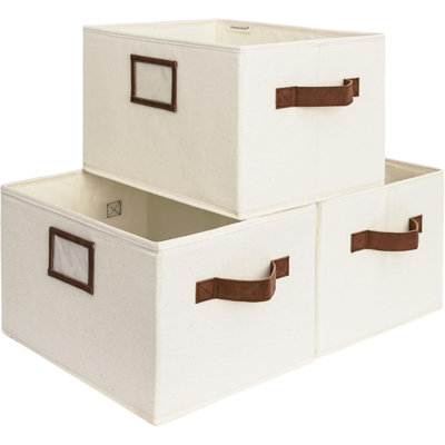 Decorative Storage Bins For Shelves, Storage Baskets With PU Handles, Hand Wash, Canvas, Ivory White, 3-Pack