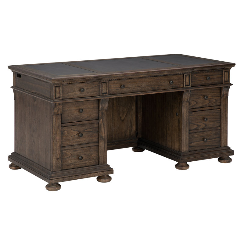 Traditional Mindi Wood Executive Desk in Java with Brass Hardware