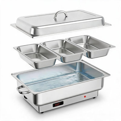 9QT Electric Chafing Dish Buffet Set – 3 x 3QT Stainless Steel Food Warmers, Roll Top Clear PC Lid, 600W Adjustable Temp (86-200°F), Dishwasher Safe for Catering, Party, Banquet (3*1/3 Food Bowl)