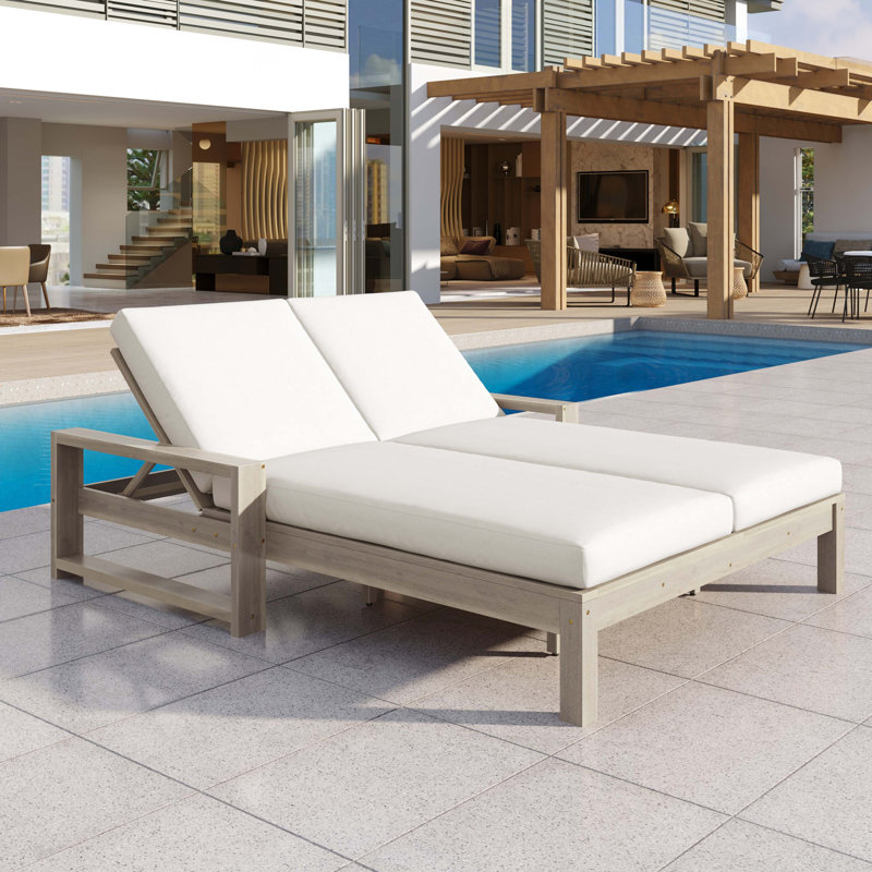 Outdoor Double Lounge Chair With 5-Position Adjustable Backrest For Each Seat, Wood Patio Chaise Lounge With Removable Cushions For Patio, Poolside, Garden
