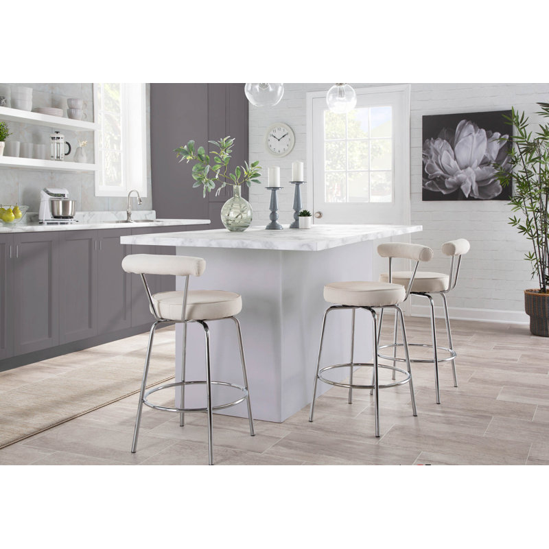  Kayson 25.5" Swivel Fabric Upholstered Counter Stools, Cream/Chrome