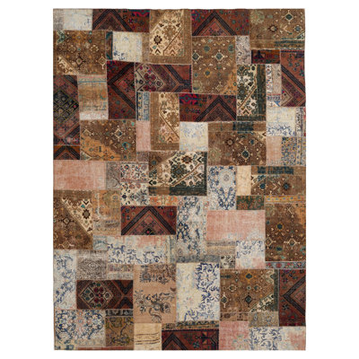 Tapis beige / brun / rose en laine noué à la main à motif patchwork One-of-a-Kind