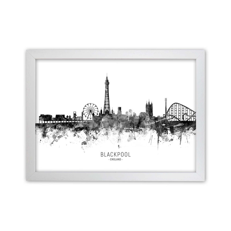 Blackpool England Skyline Black White City Name by Michael Tompsett - Print, 34cm H x 46cm W x 3cm D, White Framed