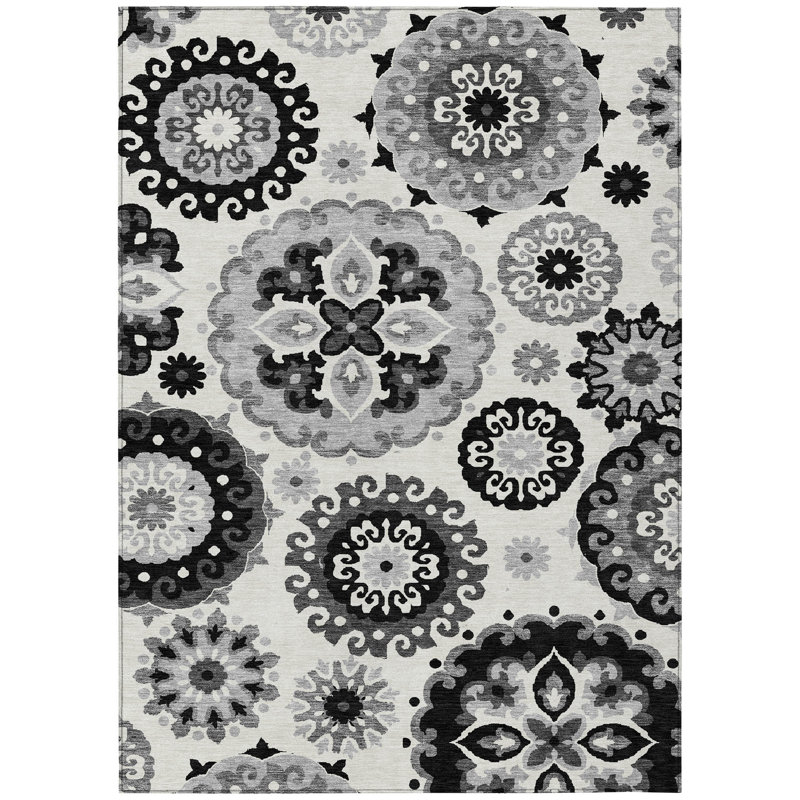 Tapis intérieur / extérieur 10 pi x 14 pi noir et gris à motif floral lavable