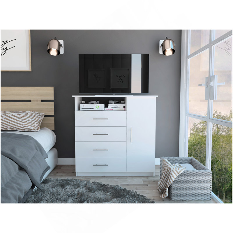 Peru 4 Drawer Dresser, Single Door Cabinet, One Open Shelf, Superior Top -White, White