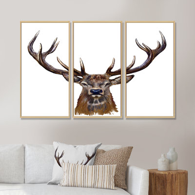 Tête de cerf devant - ensemble de 3 reproductions d'art encadrées sur toile