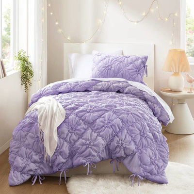 Édredon pour lit simple 2 pièces avec motif floral texturé mauve, aspect feuilleté douillet, microfibre brossée douce, motif floral toutes saisons avec broderie décontractée, fronce élastique, chaleur légère et respirante