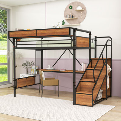 Lit mezzanine avec bureau intégré, prise de courant, bande DEL, panneau perforé, escalier de rangement et garde-robe