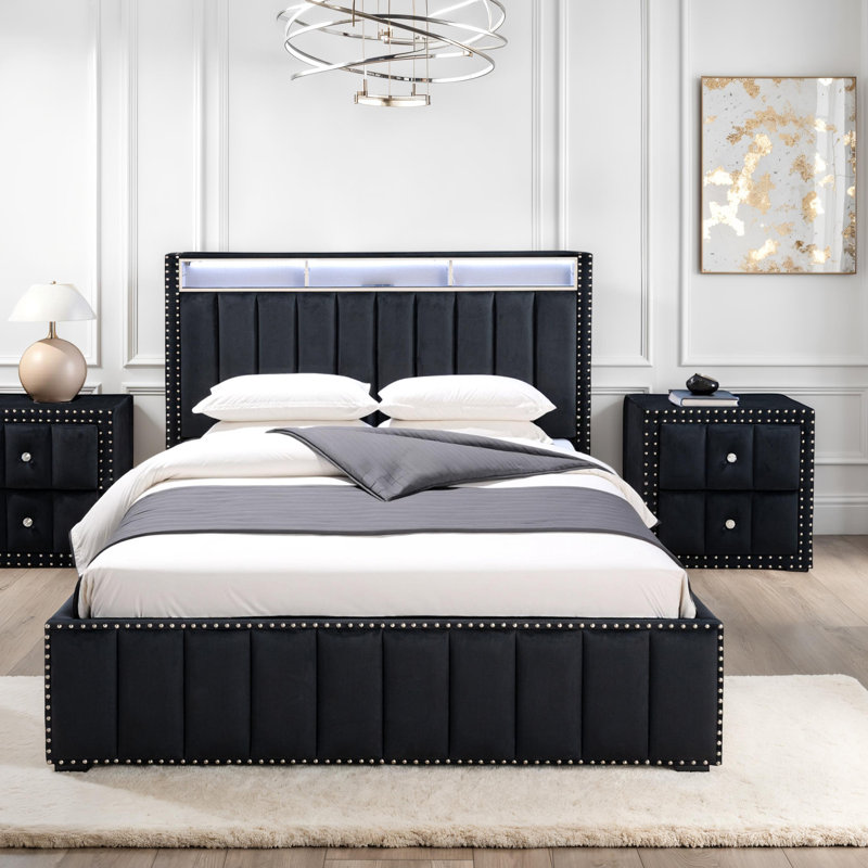 Ozara 2-Piece Bedroom Set With Charging Stations, Gray, Queen, 2 Pieces: Bed, Nightstand