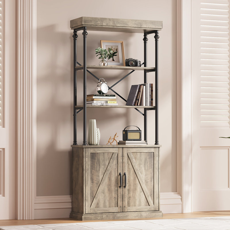 Industrial Farmhouse Bookcase with Doors - 74" Tall Wood & Metal Bookshelf with Storage Cabinet, Vintage Open Shelf Design for Living Room, Home Office, Bedroom, Library, Grey